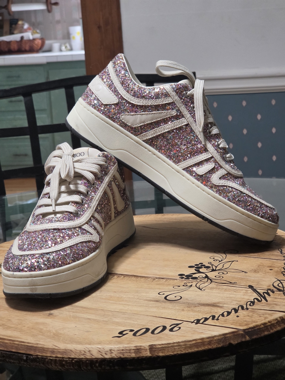 Jimmy Choo Glitter Low-Top Sneakers in Pink, Purple and Cream